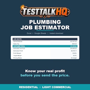 May include: A digital plumbing job estimator spreadsheet template by TESTTALKHQ. The interface displays a live quote table with fields for quote subtotal, sales tax, customer total, estimated job cost, profit, profit margin, and target margin.
