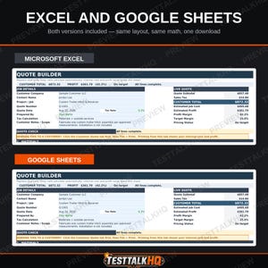 Pu&ograve; includere: Un modello digitale per Excel e Google Sheets intitolato Quote Builder. Il documento include sezioni per i dettagli del lavoro, le informazioni sul cliente e i calcoli del preventivo in tempo reale con campi per il totale del cliente, il profitto e l'aliquota fiscale. Il layout &egrave; organizzato con intestazioni blu scuro e celle di inserimento dati bianche.