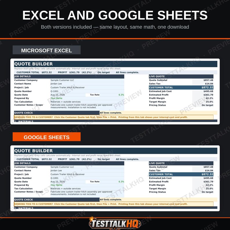 Pu&ograve; includere: Un modello digitale per Excel e Google Sheets intitolato Quote Builder. Il documento include sezioni per i dettagli del lavoro, le informazioni sul cliente e i calcoli del preventivo in tempo reale con campi per il totale del cliente, il profitto e l'aliquota fiscale. Il layout &egrave; organizzato con intestazioni blu scuro e celle di inserimento dati bianche.