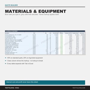 May include: A digital spreadsheet titled Materials & Equipment for HVAC quote building. It features columns for description, class, quantity, unit, unit cost, markup, customer unit price, customer amount, and internal cost with blue and grey cells.