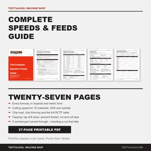 K&ouml;nnte beinhalten: Ein 27-seitiger druckbarer PDF-Leitfaden mit dem Titel Complete Speeds & Feeds Guide von TESTTALKHQ. Das Dokument enth&auml;lt technische Tabellen, Formeln in imperialen und metrischen Einheiten, Schnittgeschwindigkeiten und Bohrgr&ouml;&szlig;en.