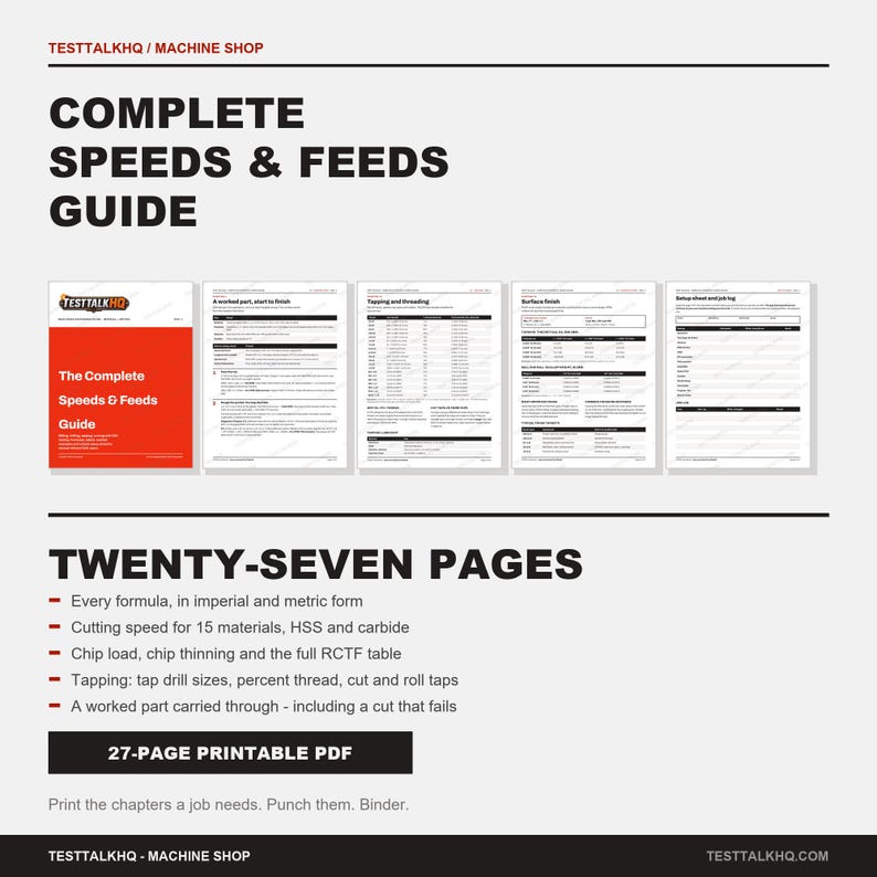 K&ouml;nnte beinhalten: Ein 27-seitiger druckbarer PDF-Leitfaden mit dem Titel Complete Speeds & Feeds Guide von TESTTALKHQ. Das Dokument enth&auml;lt technische Tabellen, Formeln in imperialen und metrischen Einheiten, Schnittgeschwindigkeiten und Bohrgr&ouml;&szlig;en.