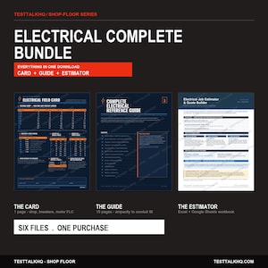 May include: An electrical complete bundle digital download set featuring a field card, a reference guide, and a job estimator. The dark background displays white and orange text including Electrical Complete Bundle, Electrical Field Card, Complete Electrical Reference Guide, and Electrical Job Estimator & Quote Builder. The bundle includes six files in one purchase.