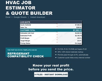 HVAC Job Estimator & Quote Builder, Excel + Google Sheets, Refrigerant Compatibility Check (Digital Download)