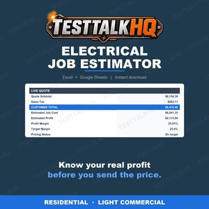 Puede incluir: Una plantilla de hoja de c&aacute;lculo digital titulada TESTTALKHQ ELECTRICAL JOB ESTIMATOR. Muestra una tabla de presupuesto en vivo con campos para subtotal, impuestos, total del cliente, costos, ganancias y m&aacute;rgenes. Texto: Know your real profit before you send the price.