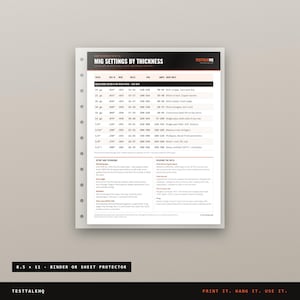 Puede incluir: Una hoja de referencia blanca titulada MIG SETTINGS BY THICKNESS con texto en negro y naranja. El documento presenta una tabla para configuraciones de alambre s&oacute;lido en acero dulce, t&eacute;cnicas de configuraci&oacute;n y consejos de soldadura.