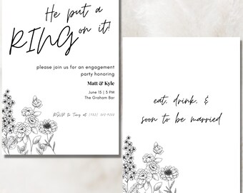 Black and White Flower Outline Engagement Party Invitation Template | Editable Engagement Party Invites | Proposal Invite Download Floral