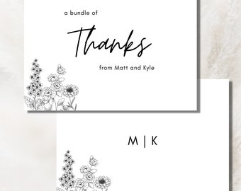 Black and White Flower Outline Thank You Card Template | Editable Thank You Cards | Thank You Cards Wedding Printable Template Floral