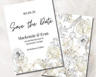 Classy White and Gold Floral Wedding Save the Date Template No Photo | Editable Save the Date | Download Editable Template