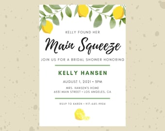 Lemon Theme Main Squeeze Editable Bridal Shower Invitation Evite Template