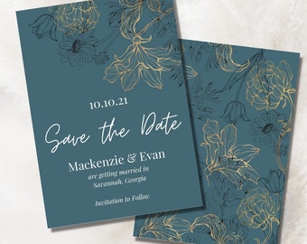 Classy Blue and Gold Floral Wedding Save the Date Template Corner Florals | Editable Save the Date | Download Editable Template