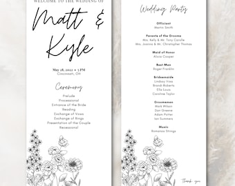 Black and White Flower Outline Wedding Program Template Download | Editable Wedding Program Sign | Wedding Program Download Fan