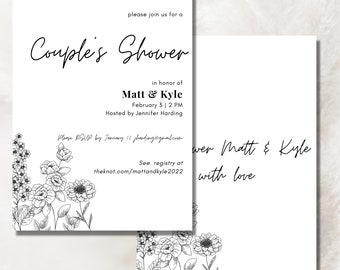 Black and White Flower Outline Couple's Shower Template | Editable Bridal Shower Invite Bohemian | Shower Invite Download Template Floral