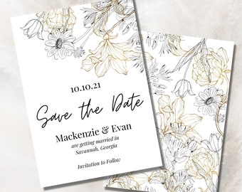 Classy White and Gold Floral Wedding Save the Date Template Corner Florals | Editable Save the Date | Download Editable Template