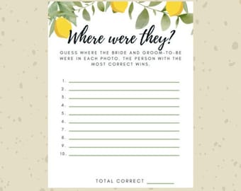 Lemon Theme Bridal Shower Where were they? Game Editable Digital Template Download