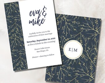 Boho Navy/Gold Wedding Invitation Template | Editable Wedding Invite | Download Editable Template