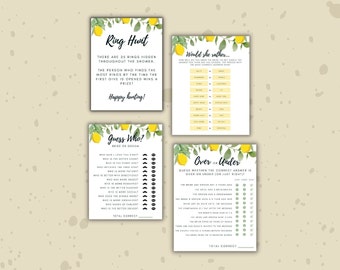 Lemon Theme Bridal Shower Game Bundle Editable Digital Template Download: Ring Hunt, Over Under, Guess Who?, Would she rather