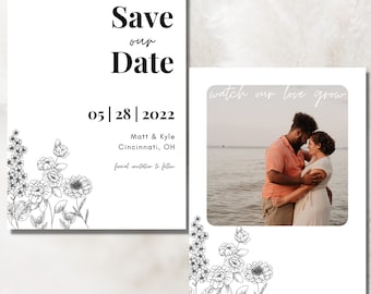 Black and White Flower Outline Save the Date Template | Editable Wedding Invite Bohemian | Wedding Invite Download Template Floral