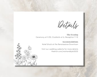 Black and White Flower Outline Wedding Details Card Template | Editable Wedding Invite Bohemian | Wedding Invite Download Template Floral