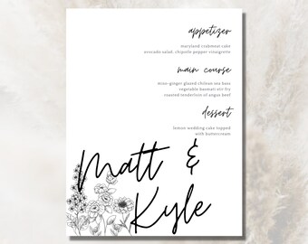 Black and White Flower Outline Wedding Menu Template Name | Editable Wedding Menu Cards Minimalist | Wedding Menu Template Instant Download