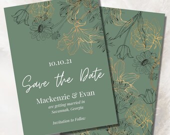 Classy Green and Gold Floral Wedding Save the Date Template Corner Florals | Editable Save the Date | Download Editable Template