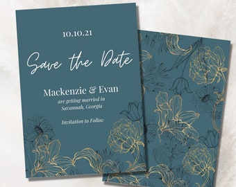 Classy Blue and Gold Floral Wedding Save the Date Template No Photo | Editable Save the Date | Download Editable Template