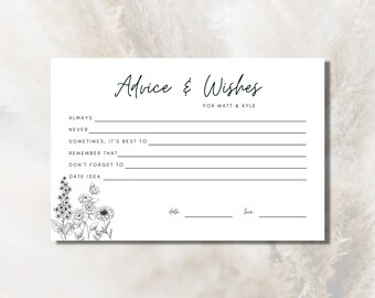 Black and White Flower Outline Advice Cards Template Name | Editable Advice for the Bride Card | Advice and Wishes Template Instant Download