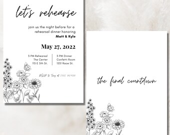 Black and White Flower Outline Wedding Rehearsal Dinner Template |Editable Wedding Invite Bohemian | Wedding Invite Download Template Floral