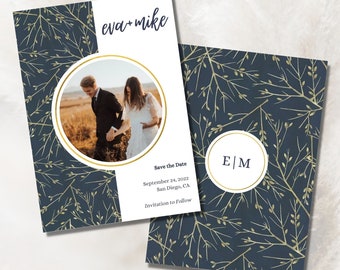 Boho Navy/Gold Wedding Save the Date Template | Editable Wedding Invite | Download Editable Template