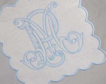 Monogrammed Linen Cocktail Napkins - Set of 6 - Embroidered Trim
