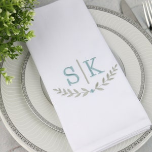 Set of 25 Napkins / Personalized Napkins / Monogrammed Wedding Napkins / Cotton Napkins / Leaves Frame Monogram image 1