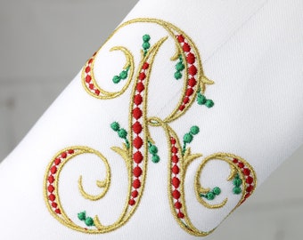 Set of 6 Napkins / Monogrammed Napkins / Embroidered Napkins / Dinner Napkins / Christmas Gifts / Cotton Napkins / Font 25