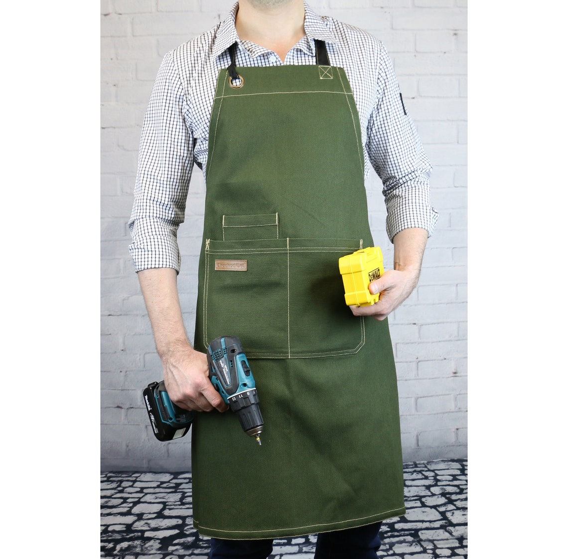 GREEN Canvas Apron / Café Apron / Grill Apron / BBQ Apron / Etsy