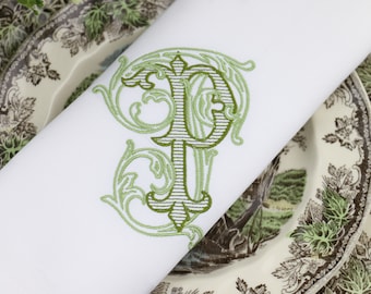 Monogrammed Embroidered Dinner Napkin / Cotton Table Linens / Wedding Gift / 1 Letter Monogram / Vintage Vine Font