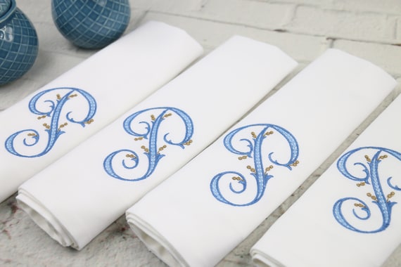 Set of 6 Monogrammed Embroidered Napkins / Personalized Dinner Napkins / Cotton Table Linens / Wedding Gift / 1 Letter Monogram