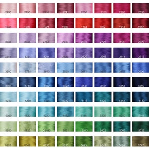 May include: A chart of embroidery thread colors with numbers and names for each color. The colors range from white to black and include metallic threads.