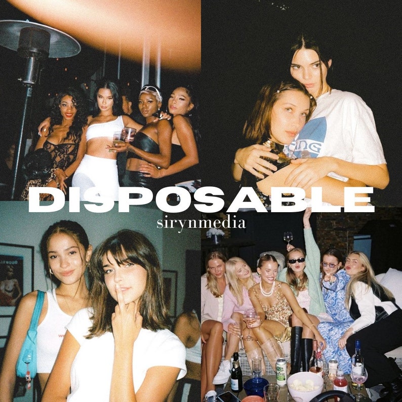 Pode incluir: Um grupo de amigos posa para uma foto numa festa. A imagem tem um estilo vintage, com uma textura granulada e cores desbotadas. O texto "DISPOSABLE" est&aacute; sobreposto &agrave; imagem, com a palavra "sirynmedia" abaixo.