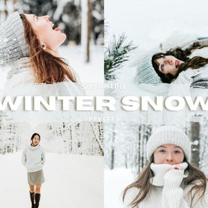Puede incluir: Un collage de cuatro imágenes con temática invernal. Las imágenes muestran a una mujer en un bosque nevado con un gorro y un suéter de punto gris. El texto "WINTER SNOW PRESETS" está superpuesto en las imágenes.