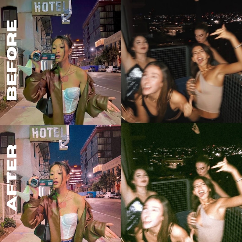 Pode incluir: Uma imagem dividida mostrando um grupo de amigos se divertindo &agrave; noite. A metade superior da imagem mostra os amigos em um ambiente mais natural, enquanto a metade inferior da imagem mostra os amigos com um filtro vintage aplicado. A imagem &eacute; um &oacute;timo exemplo de como usar um filtro vintage para criar um visual &uacute;nico e nost&aacute;lgico.