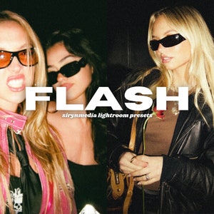 Op de afbeelding: Drie vrouwen in zonnebrillen en leren jacks poseren voor een foto. De vrouw in het midden houdt een bloem vast. De tekst "FLASH sirynmedia lightroom presets" is over de afbeelding gelegd.
