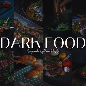 Peut inclure: Un collage d'images mettant en valeur différents styles de photographie culinaire sombre. Les images présentent différents plats, notamment des sushis, du steak et des hamburgers, tous avec un effet d'éclairage sombre et dramatique. Le texte "DARK FOOD" est affiché en évidence au centre du collage.