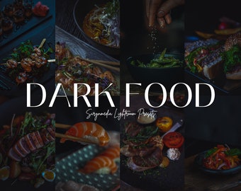 May include: A collage of images showcasing various dark food photography styles. The images feature different dishes, including sushi, steak, and burgers, all with a moody and dramatic lighting effect. The text "DARK FOOD" is prominently displayed in the centre of the collage.