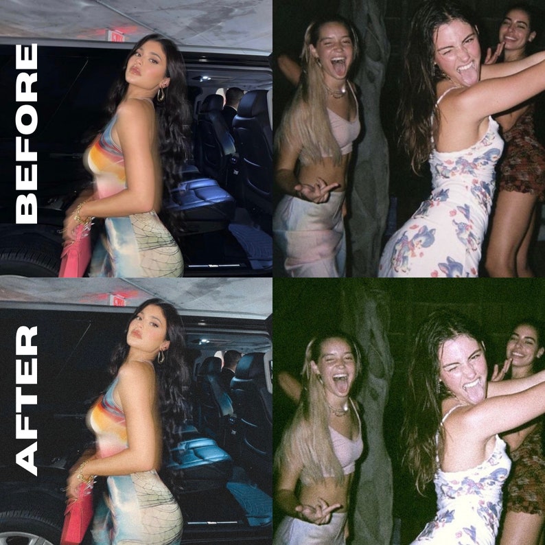 Pode incluir: Uma imagem dividida em duas partes que mostra o antes e o depois de um processo de edi&ccedil;&atilde;o de fotos. A imagem antes mostra uma mulher com um vestido colorido em p&eacute; na frente de um carro. A imagem depois mostra a mesma mulher com o mesmo vestido, mas o fundo foi editado para parecer uma cena de boate com outras pessoas no fundo.