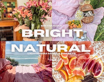 May include: A collage of images featuring a bouquet of pink flowers, a picnic blanket with fruit and a magazine, a bed with a pink blanket and a view of the ocean, and a plate of citrus fruit. The text "SIRYNMEDIA BRIGHT NATURAL LIGHTROOM MOBILE PRESETS" is superimposed on the images.