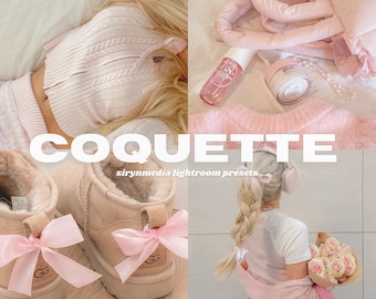 May include: A collage of images featuring pink and white clothing, accessories, and flowers. The text "COQUETTE sirynmedia lightroom presets" is displayed in the center of the image.