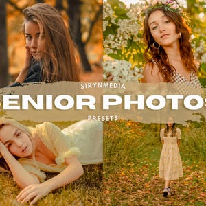 Puede incluir: Un collage de cuatro fotos de graduación. Arriba a la izquierda, una mujer con pelo largo, arriba a la derecha, una mujer con una corona de flores, abajo a la izquierda, una mujer tumbada en la hierba, y abajo a la derecha, una mujer caminando por un sendero. El texto "SENIOR PHOTOS PRESETS" está superpuesto.