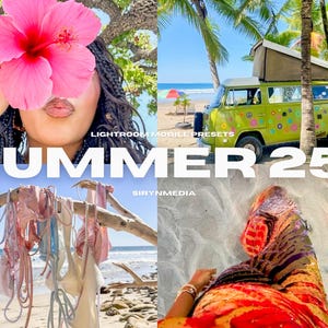 Puede incluir: Un collage de imágenes con temática veraniega, que incluye a una mujer sosteniendo una flor de hibisco rosa, una furgoneta vintage con techo elevable, una escena de playa con una rama de madera y tops de bikini coloridos colgando de ella, y una persona con pantalones de estampado colorido en una playa de arena. El texto "SUMMER 25'" está superpuesto a la imagen.