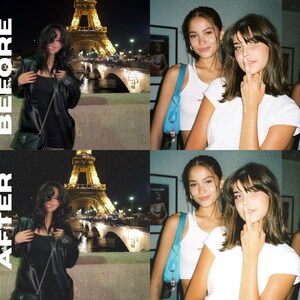 Pode incluir: Duas mulheres posam para uma foto em frente &agrave; Torre Eiffel &agrave; noite. Uma mulher est&aacute; vestindo uma jaqueta de couro preta e um vestido preto. A outra mulher est&aacute; vestindo um top branco e uma camiseta branca. Ambas as mulheres est&atilde;o sorrindo.