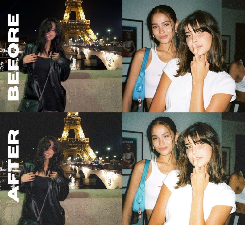 Pode incluir: Duas mulheres posam para uma foto em frente &agrave; Torre Eiffel &agrave; noite. Uma mulher est&aacute; vestindo uma jaqueta de couro preta e um vestido preto. A outra mulher est&aacute; vestindo um top branco e uma camiseta branca. Ambas as mulheres est&atilde;o sorrindo.