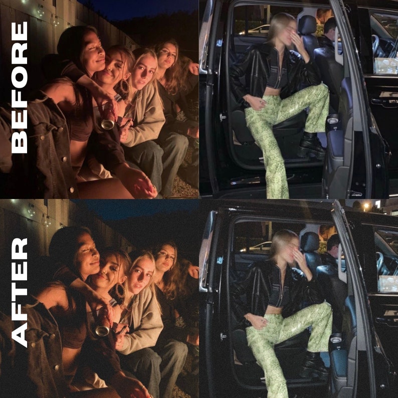 Pode incluir: Uma imagem dividida mostrando um grupo de amigos saindo em frente a uma parede de tijolos e depois entrando em um carro. Os amigos est&atilde;o vestindo roupas casuais e o carro &eacute; preto. A imagem foi editada para ter uma apar&ecirc;ncia de filme vintage.